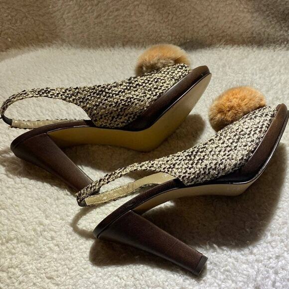 Via Condotti Women's Size 8.5 Slingback Heels Brown Tweed Peach Pompoms - Picture 6 of 12